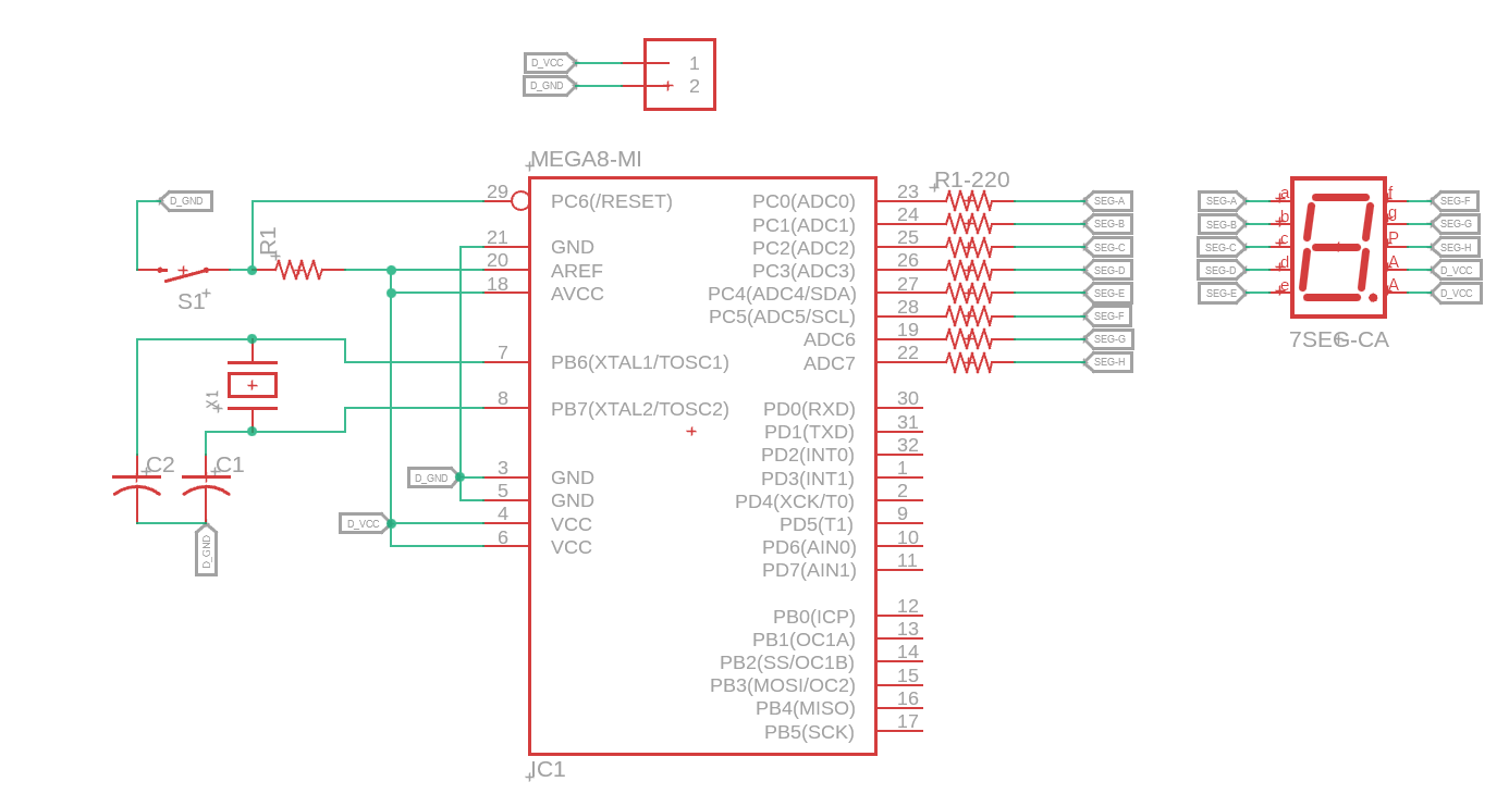 ATmega8 and 7-Segment Display Schematic